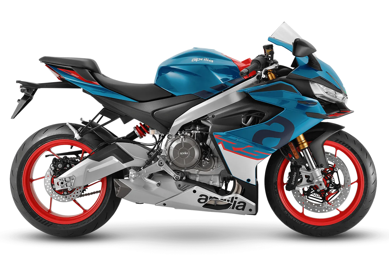 Ein blaues Motorrad mit schwarzen und roten Akzenten. Das Bike hat eine sportliche Erscheinung.