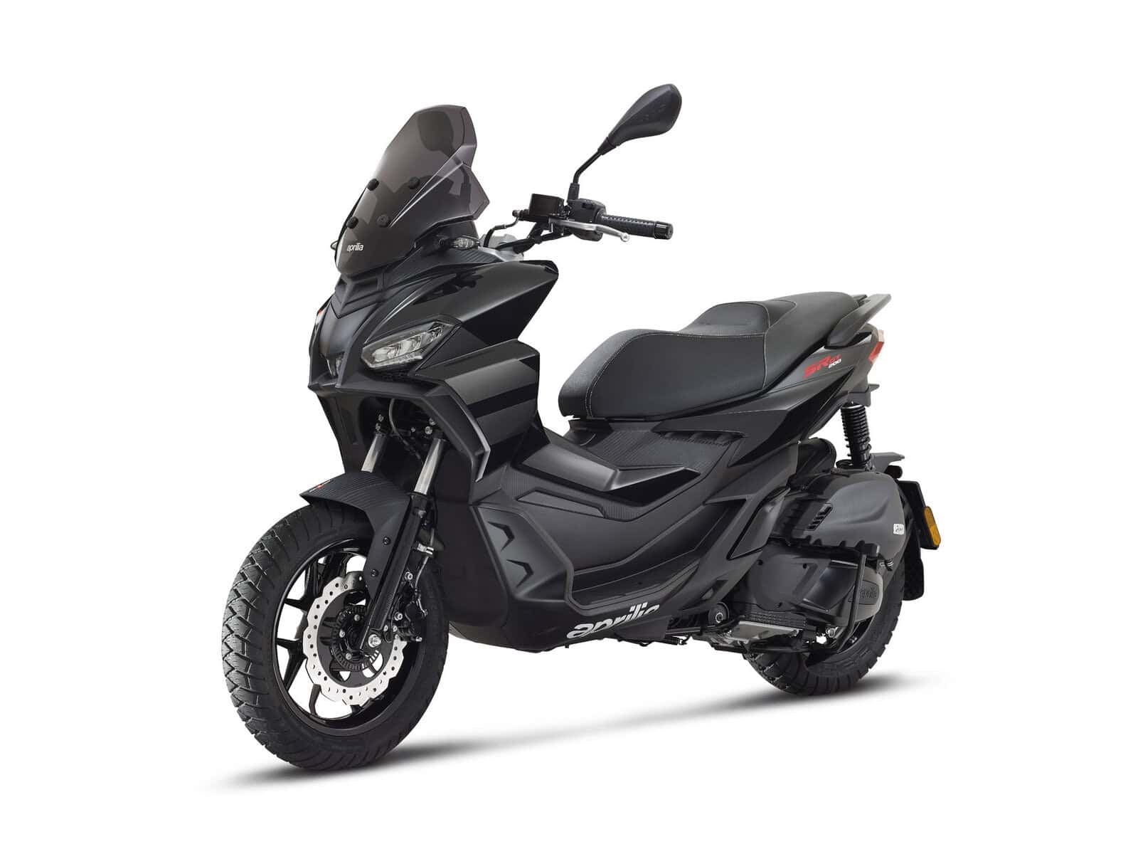 Schwarzes Motorrad mit Windschutzscheibe Ein schwarzes Motorrad mit einer Windschutzscheibe und einem Sitz. Es hat ein modernes Design.