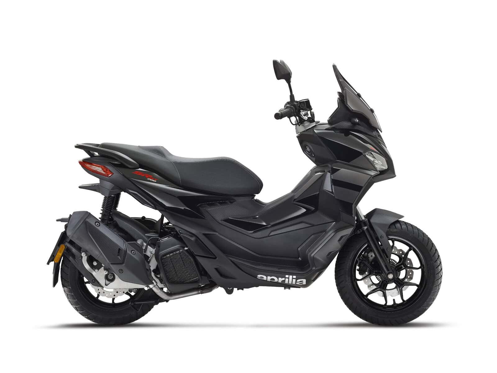 Schwarzes Motorroller Seitenansicht Ein schwarzer Motorroller, Seitenansicht. Modernes Design.