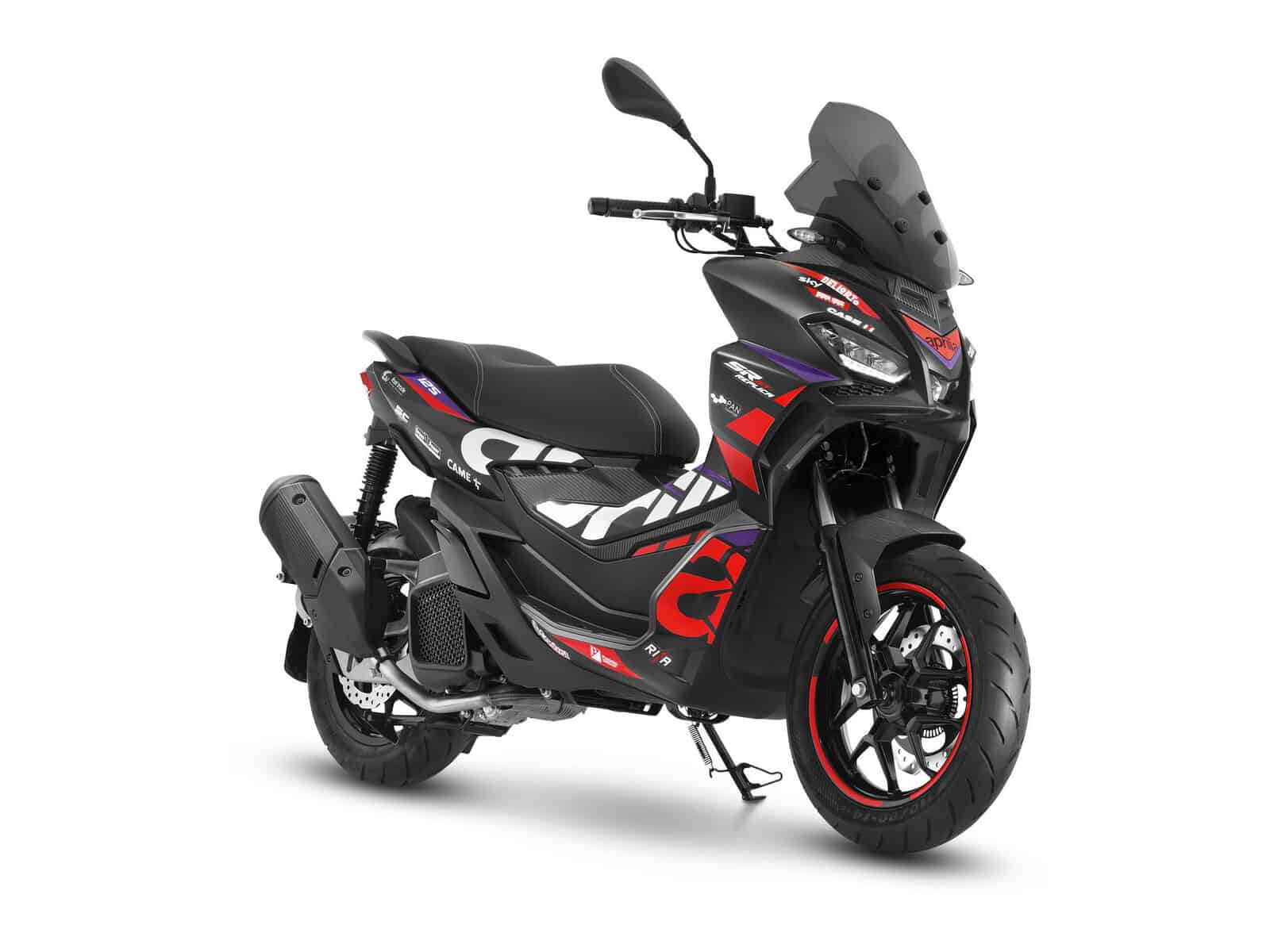 Ein schwarzes Motorrad mit roten und weißen Details. Es hat ein sportliches Design.