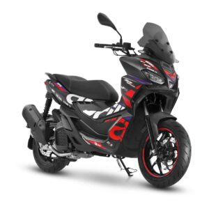 Ein Motorrad mit schwarzer Karosserie und roten sowie weißen Details.