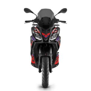 Ein schwarzes Motorrad mit roten und violetten Details