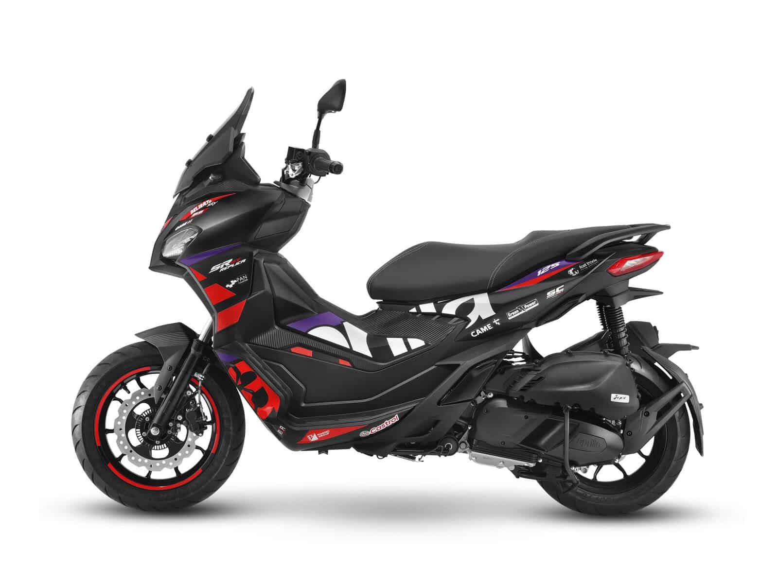 Ein schwarzes Motorrad mit roten und violetten Akzenten, seitlich gesehen.